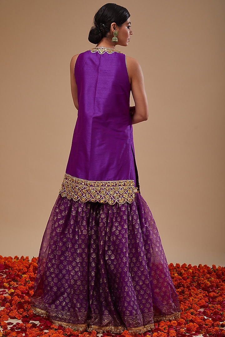 Purple Dupion & Organza Block Printed Gharara Set by Preeti S Kapoor at Pernia's Pop Up Shop