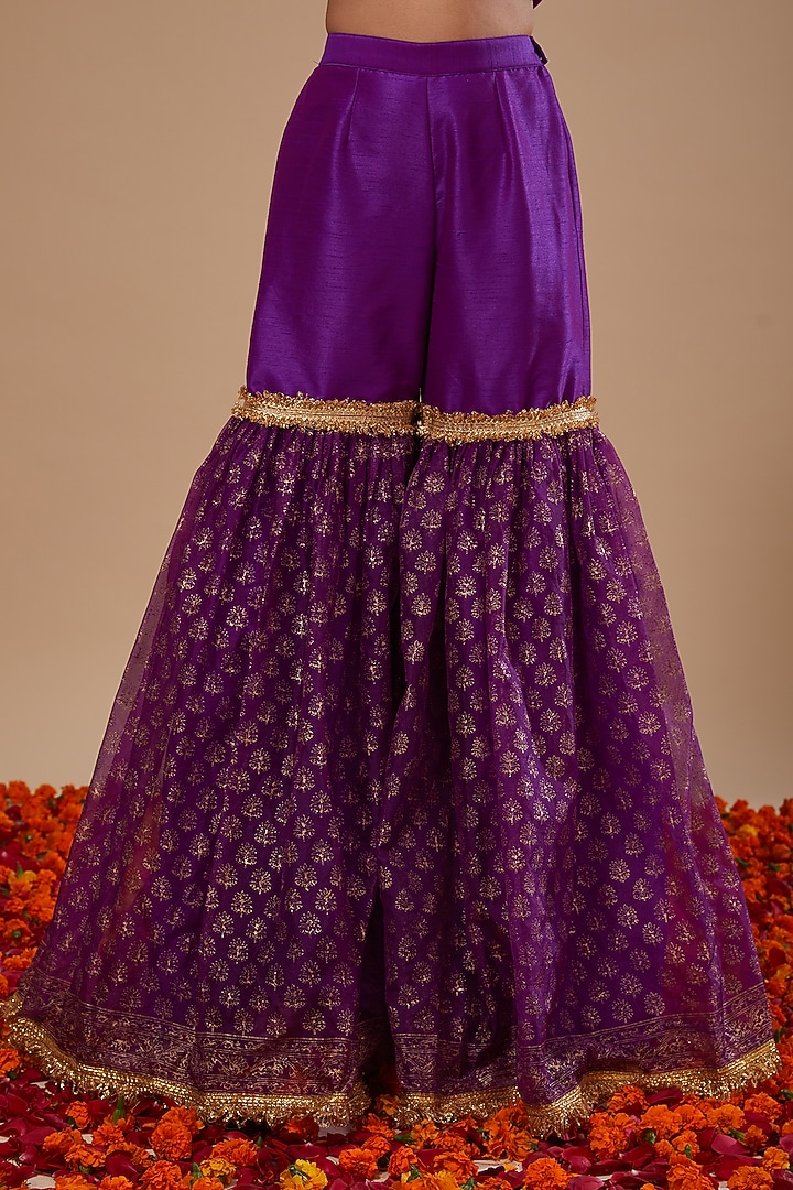 Purple Dupion & Organza Block Printed Gharara Set by Preeti S Kapoor at Pernia's Pop Up Shop