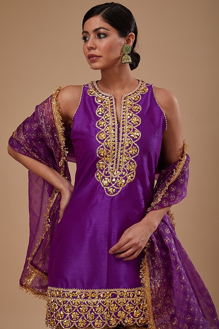 Purple Dupion & Organza Block Printed Gharara Set by Preeti S Kapoor at Pernia's Pop Up Shop