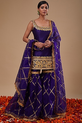 Blue Dupion & Organza Block Printed Gharara Set by Preeti S Kapoor