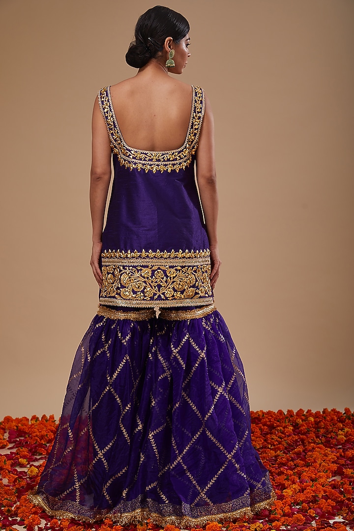 Blue Dupion & Organza Block Printed Gharara Set by Preeti S Kapoor at Pernia's Pop Up Shop
