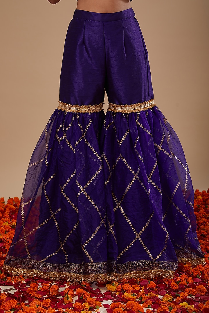 Blue Dupion & Organza Block Printed Gharara Set by Preeti S Kapoor at Pernia's Pop Up Shop