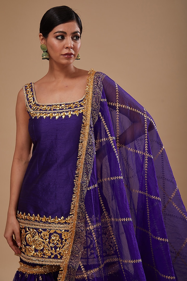 Blue Dupion & Organza Block Printed Gharara Set by Preeti S Kapoor at Pernia's Pop Up Shop