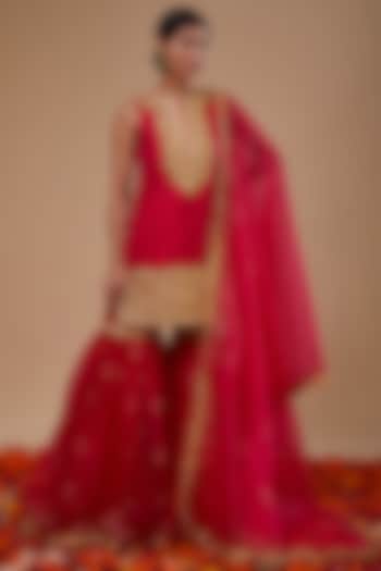 Fuchsia Dupion & Organza Block Printed Gharara Set by Preeti S Kapoor at Pernia's Pop Up Shop