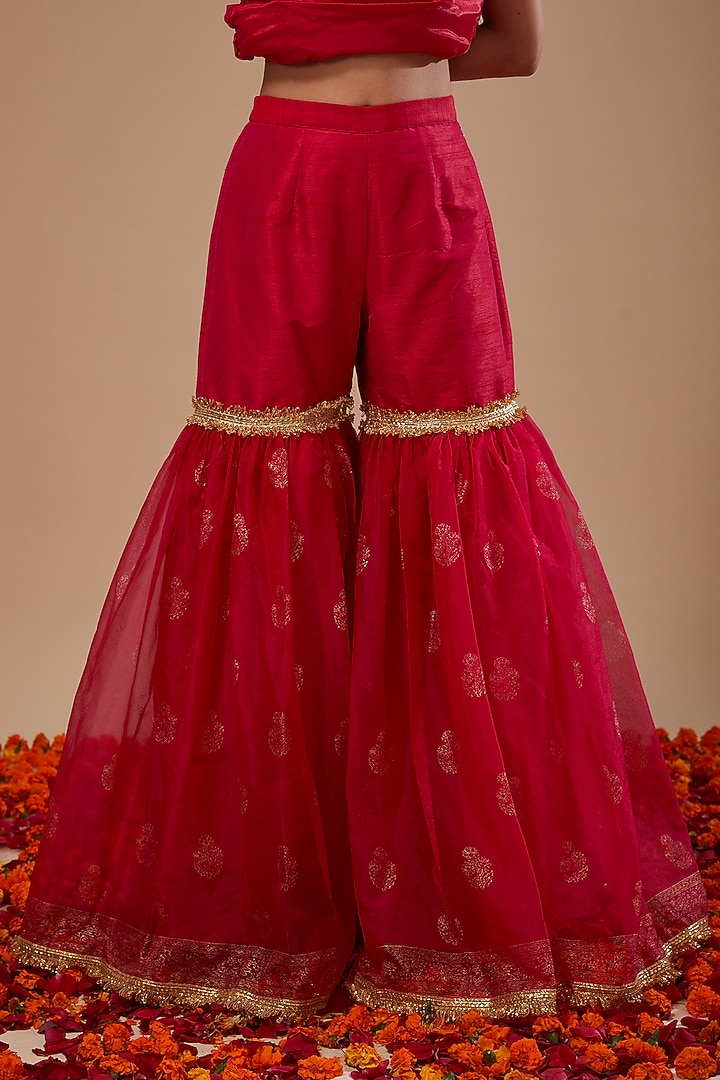 Fuchsia Dupion & Organza Block Printed Gharara Set by Preeti S Kapoor at Pernia's Pop Up Shop