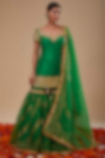 Green Dupion & Organza Block Printed Gharara Set by Preeti S Kapoor at Pernia's Pop Up Shop