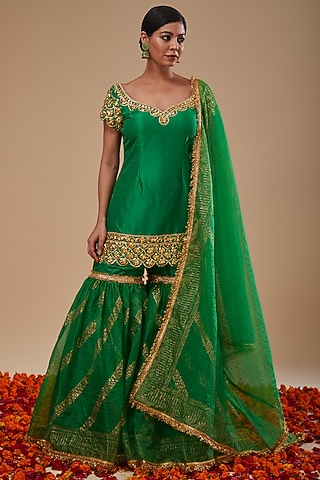 Green Dupion & Organza Block Printed Gharara Set by Preeti S Kapoor