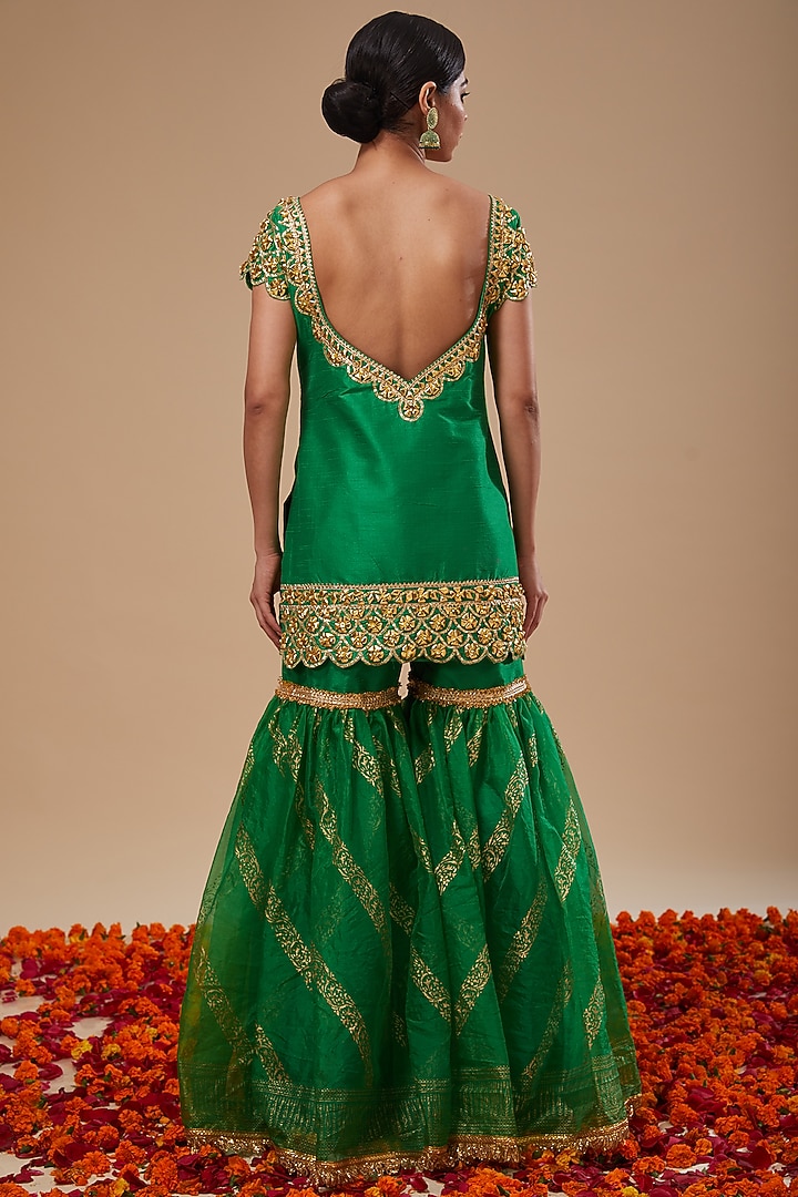 Green Dupion & Organza Block Printed Gharara Set by Preeti S Kapoor at Pernia's Pop Up Shop