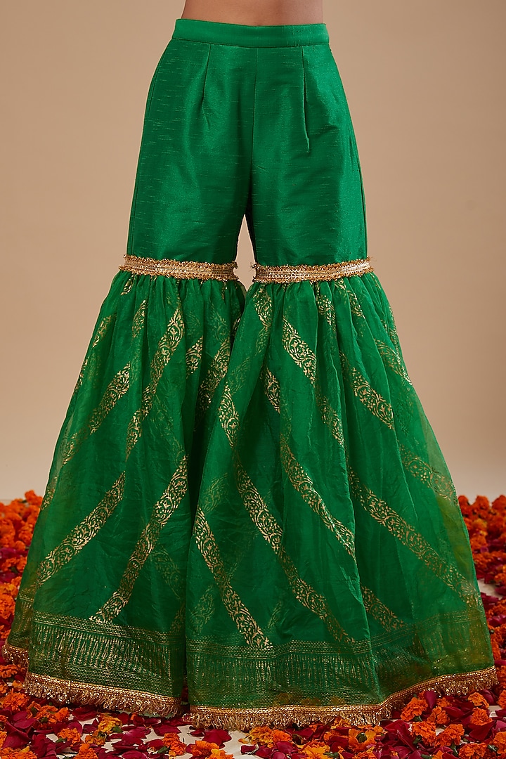 Green Dupion & Organza Block Printed Gharara Set by Preeti S Kapoor at Pernia's Pop Up Shop