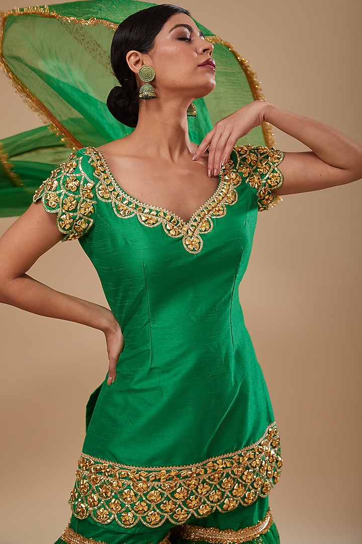 Green Dupion & Organza Block Printed Gharara Set by Preeti S Kapoor at Pernia's Pop Up Shop