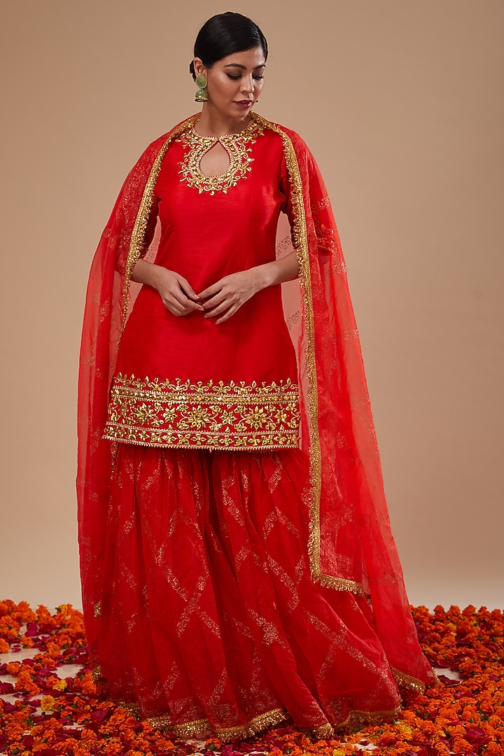 Red Dupion & Organza Block Printed Gharara Set by Preeti S Kapoor at Pernia's Pop Up Shop