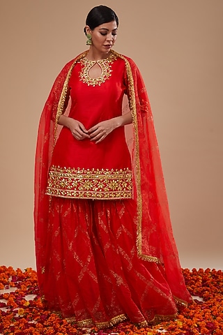 Red Dupion & Organza Block Printed Gharara Set by Preeti S Kapoor