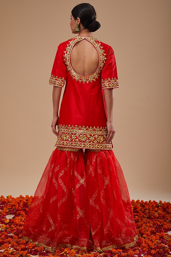 Red Dupion & Organza Block Printed Gharara Set by Preeti S Kapoor at Pernia's Pop Up Shop