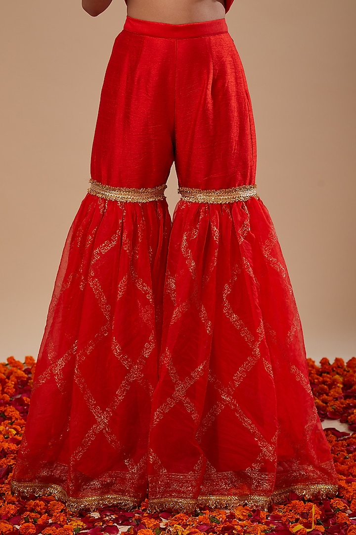 Red Dupion & Organza Block Printed Gharara Set by Preeti S Kapoor at Pernia's Pop Up Shop
