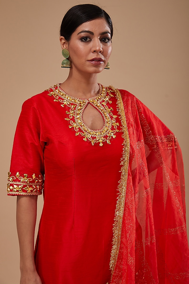 Red Dupion & Organza Block Printed Gharara Set by Preeti S Kapoor at Pernia's Pop Up Shop