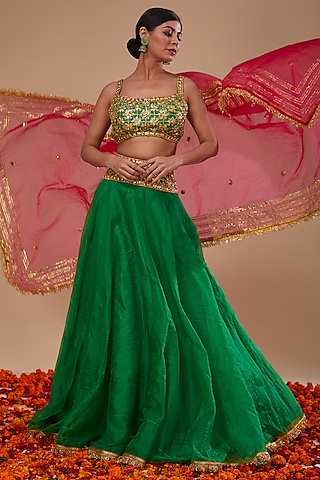 Green Dupion & Organza Lehenga Set by Preeti S Kapoor