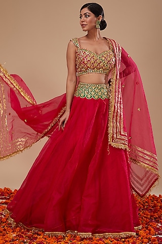 Fuchsia Dupion & Organza Lehenga Set by Preeti S Kapoor