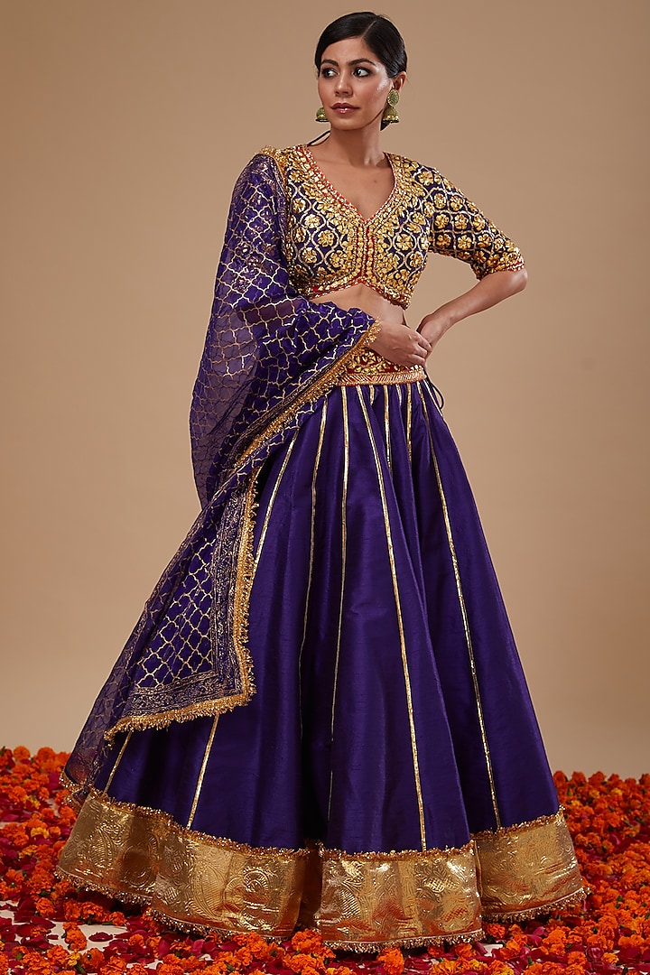 Blue Dupion & Organza Gota Work Wedding Lehenga Set by Preeti S Kapoor at Pernia's Pop Up Shop