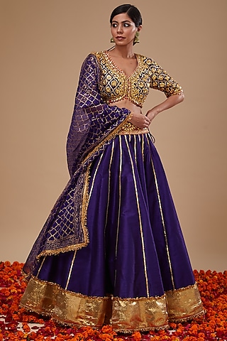 Blue Dupion & Organza Gota Work Lehenga Set by Preeti S Kapoor