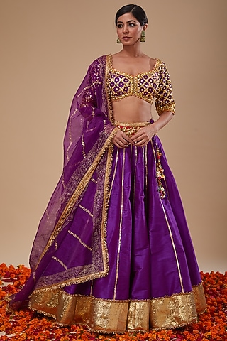 Purple Dupion & Organza Gota Work Lehenga Set by Preeti S Kapoor