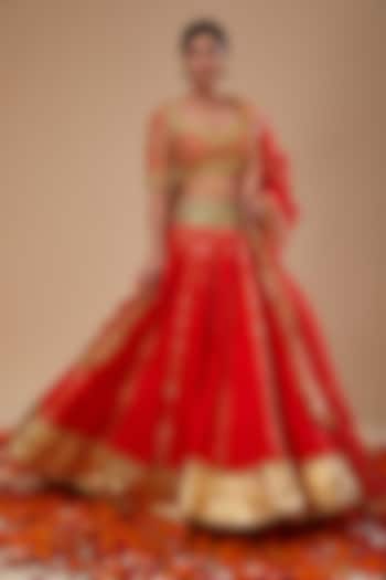 Red Dupion & Organza Sequins Work Wedding Lehenga Set by Preeti S Kapoor at Pernia's Pop Up Shop
