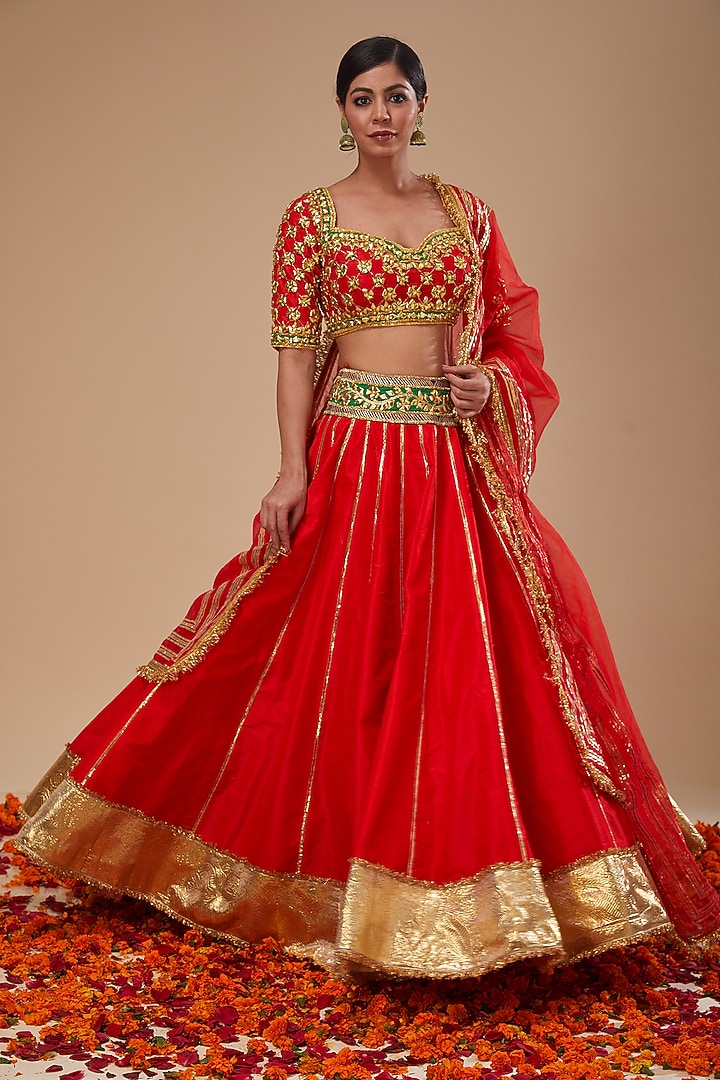 Red Dupion & Organza Sequins Work Wedding Lehenga Set by Preeti S Kapoor at Pernia's Pop Up Shop