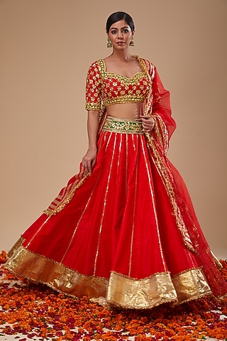 Red Dupion & Organza Sequins Work Lehenga Set by Preeti S Kapoor