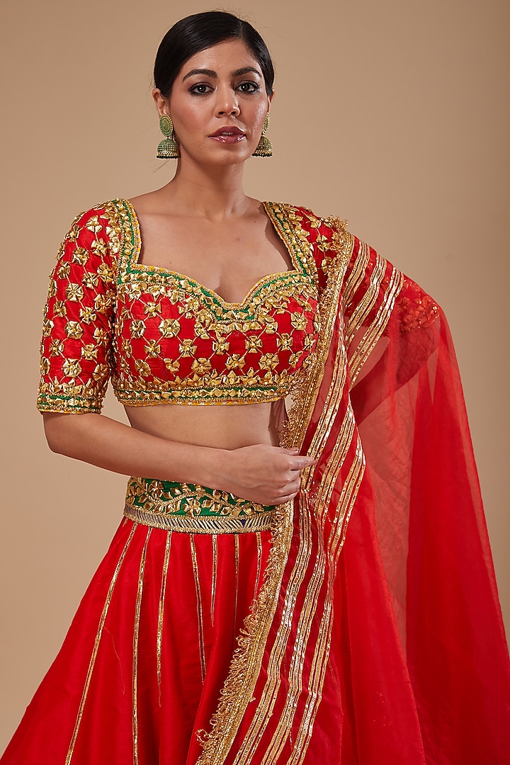 Red Dupion & Organza Sequins Work Wedding Lehenga Set by Preeti S Kapoor at Pernia's Pop Up Shop