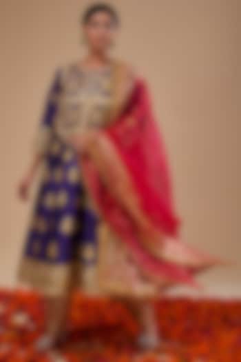 Midnight Blue Dupion & Organza Gota Work Wedding Anarkali Set by Preeti S Kapoor at Pernia's Pop Up Shop