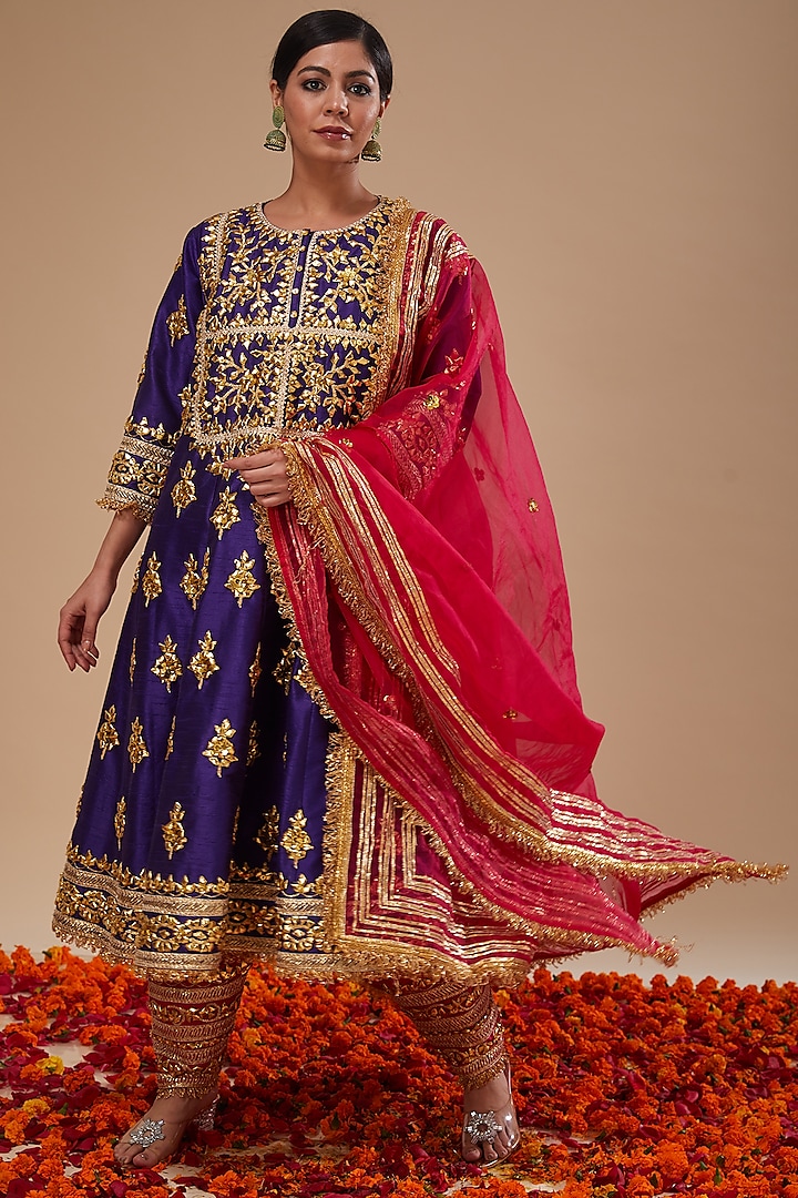 Midnight Blue Dupion & Organza Gota Work Wedding Anarkali Set by Preeti S Kapoor at Pernia's Pop Up Shop