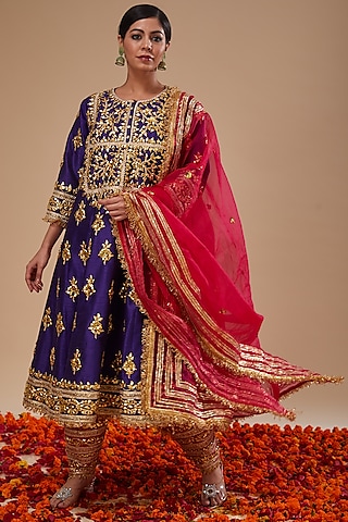 Midnight Blue Dupion & Organza Gota Work Anarkali Set by Preeti S Kapoor