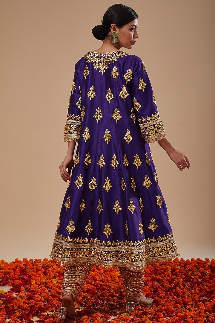 Midnight Blue Dupion & Organza Gota Work Wedding Anarkali Set by Preeti S Kapoor at Pernia's Pop Up Shop