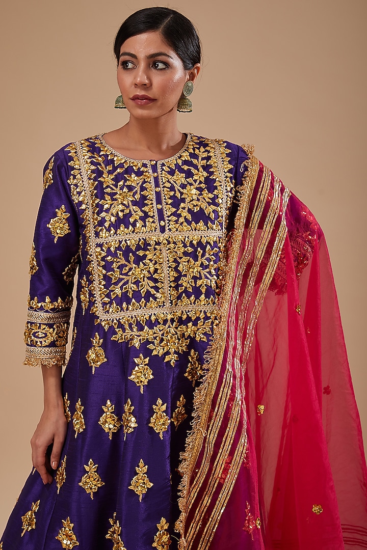Midnight Blue Dupion & Organza Gota Work Wedding Anarkali Set by Preeti S Kapoor at Pernia's Pop Up Shop