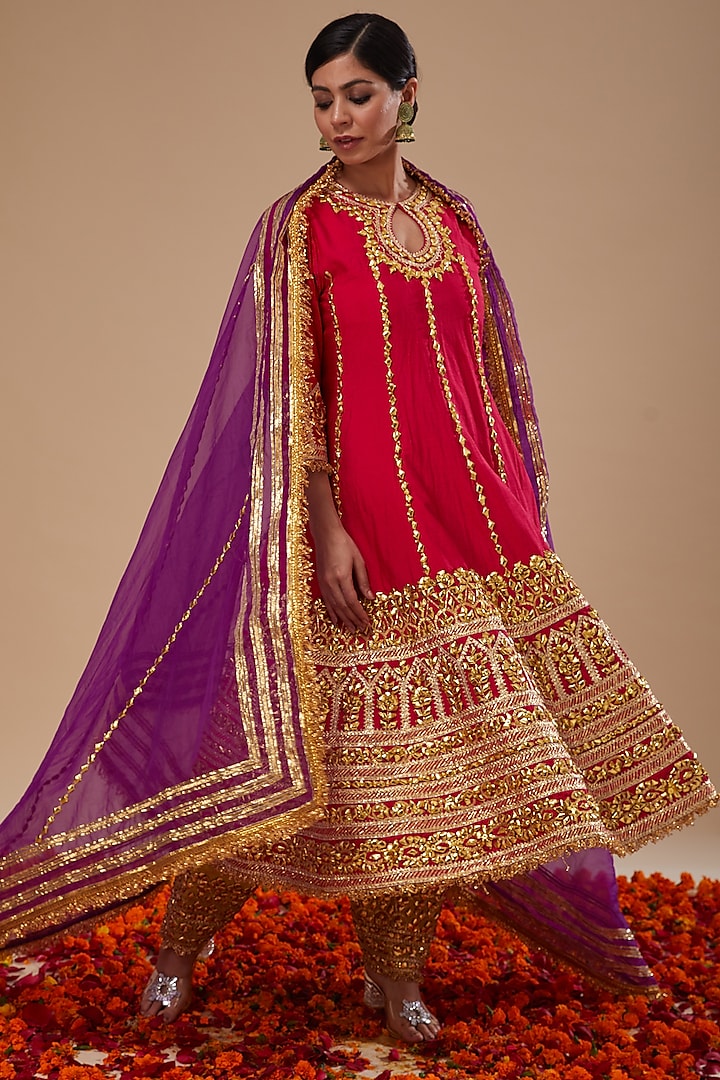 Fuchsia Dupion & Organza Gota Work Wedding Anarkali Set by Preeti S Kapoor at Pernia's Pop Up Shop