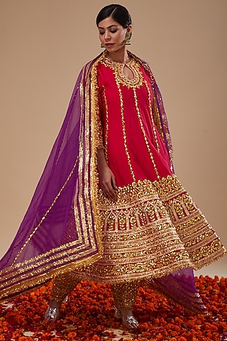 Fuchsia Dupion & Organza Gota Work Anarkali Set by Preeti S Kapoor