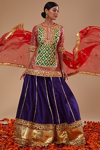 Purple Dupion & Organza Gota Work Lehenga Set by Preeti S Kapoor
