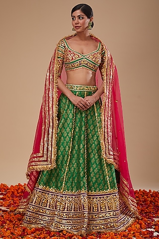 Multi-Colored Dupion & Organza Gota Work Lehenga Set by Preeti S Kapoor