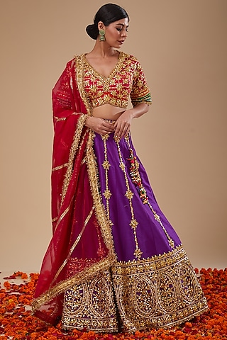Purple Dupion & Organza Gota Work Lehenga Set by Preeti S Kapoor