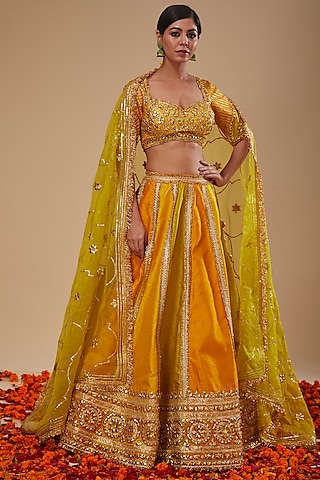 Mustard Dupion & Organza Gota Work Lehenga Set by Preeti S Kapoor