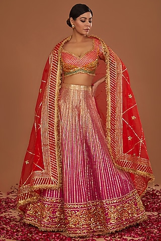 Multi-Colored Dupion & Organza Gota Work Lehenga Set by Preeti S Kapoor