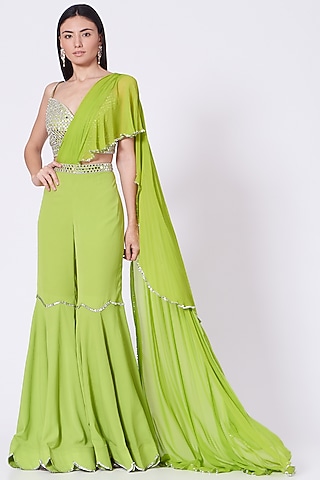 Leaf Green Embroidered Gharara Set by Preeti S Kapoor