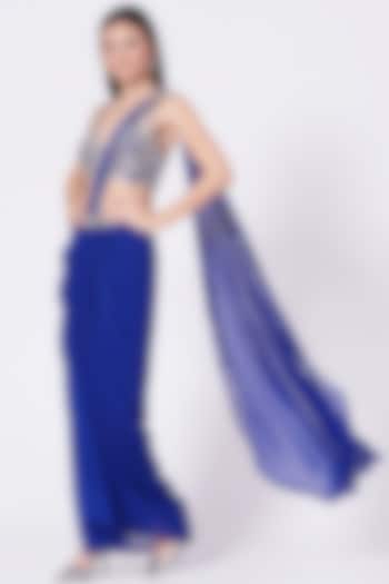 Cobalt Blue Embroidered Draped Wedding Saree Set by Preeti S Kapoor at Pernia's Pop Up Shop