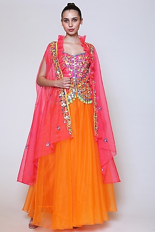 Orange Sharara Set With Mirror Work by Preeti S Kapoor