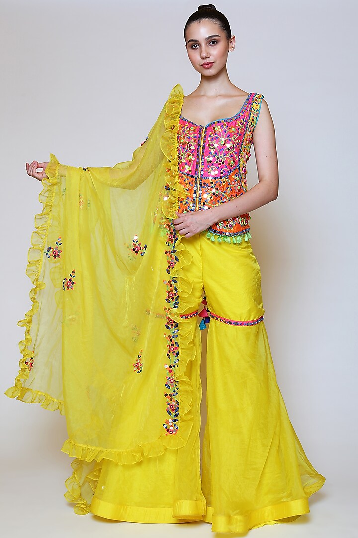 Yellow Dupion & Organza Gharara Set by Preeti S Kapoor