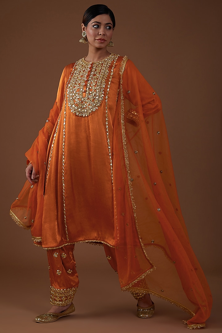 Burnt Amber Mashru Silk Hand Embroidered Kurta Set by Preeti S Kapoor at Pernia's Pop Up Shop