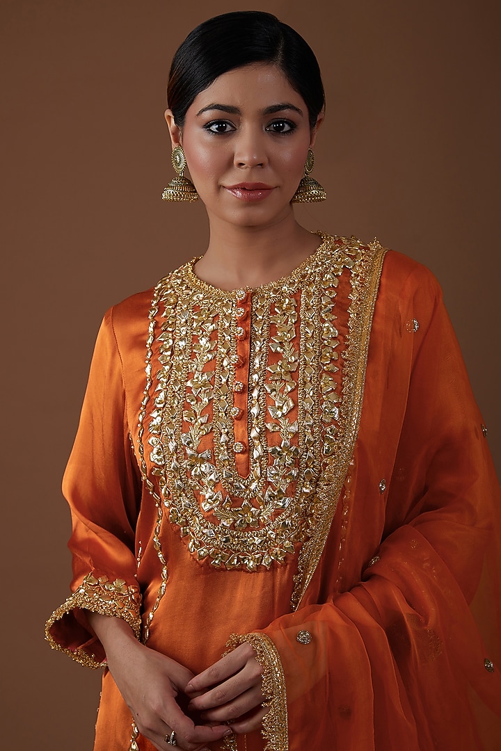 Burnt Amber Mashru Silk Hand Embroidered Kurta Set by Preeti S Kapoor at Pernia's Pop Up Shop