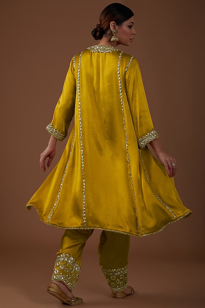 Golden Saffron Mashru Silk Hand Embroidered Kurta Set by Preeti S Kapoor at Pernia's Pop Up Shop