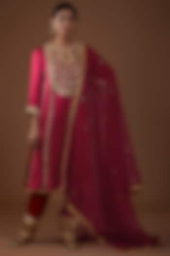 Red Mashru Silk Hand Embroidered Kurta Set by Preeti S Kapoor at Pernia's Pop Up Shop