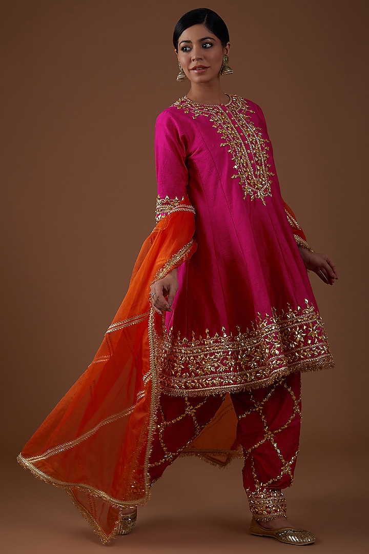 Pink Dupion Silk Hand Embroidered Short Wedding Anarkali Set by Preeti S Kapoor at Pernia's Pop Up Shop