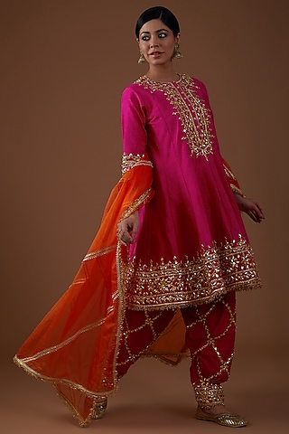 Pink Dupion Silk Hand Embroidered Short Anarkali Set by Preeti S Kapoor
